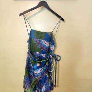 Farm blue macaw mini dress. Tie around. Zipper. NWT. Sleeveless.